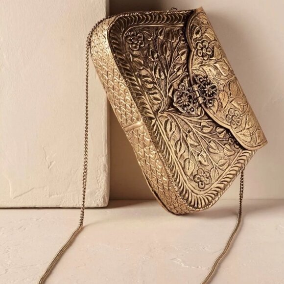 BHLDN Anthropologie Gold Metal Brienne Embossed St Xavier Bridal Clutch - Picture 4 of 7